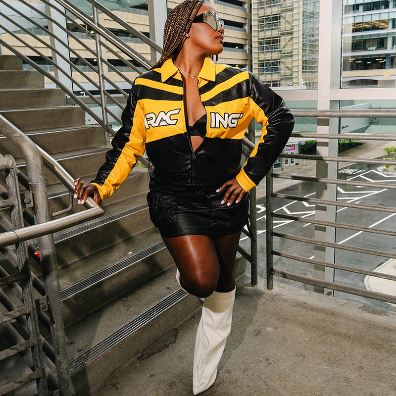 Sexy Leather Shorts & Moto Jacket 2-Piece Set – Streetwear Club Outfit
