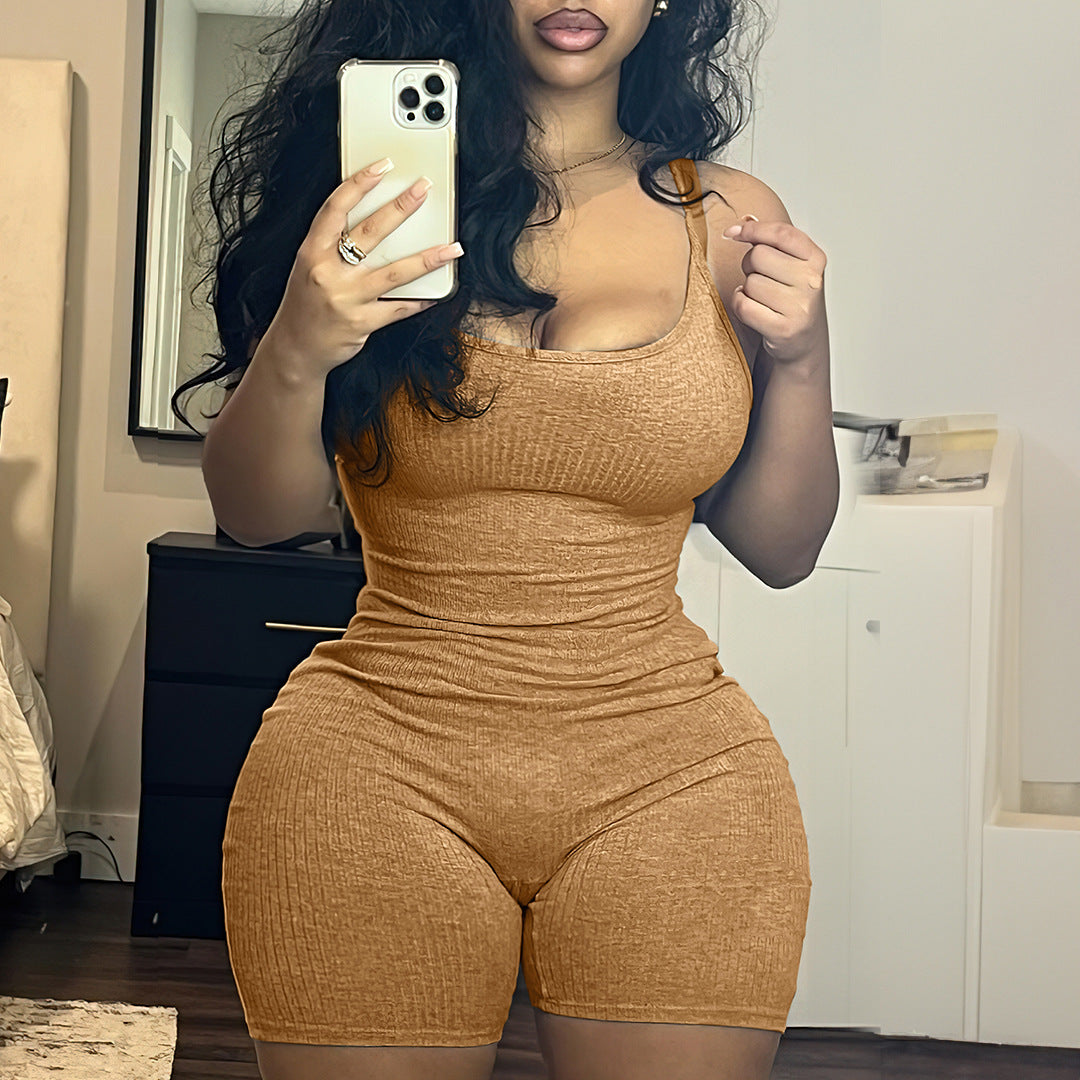 Solid Bodycon Cami One Piece Scrub Jumpsuit Rib Knit Romper Gym Fitness Jumpsuit Woman Basic Tight Rompers