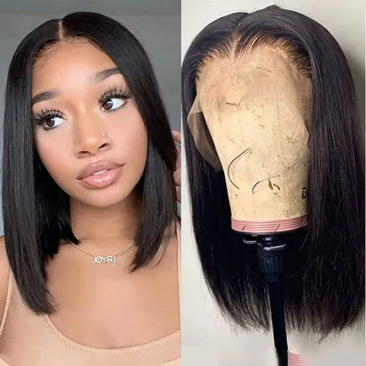 Lace Front Wig 180% Density Short Bob Wig with Transparent Lace Frontal Pre Plucked With Baby Hair Natural Color