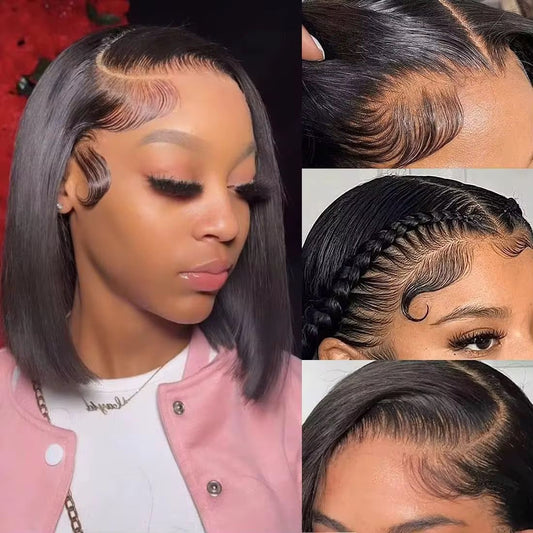 Lace Front Wig 180% Density Short Bob Wig with Transparent Lace Frontal Pre Plucked With Baby Hair Natural Color