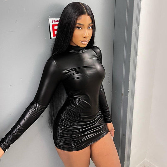 Sexy Black Faux Leather Mini Dress – Long Sleeve Bodycon